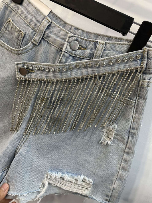 Denim shorts women's 2022 summer new European station loose and thin hole rhinestone tassel a-line wide-leg hot pants