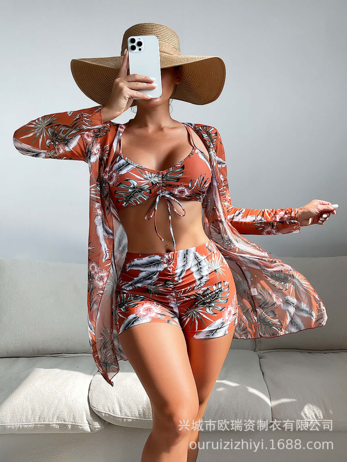 Sexy Women's Swimsuit-Mesh 3 pc.Set~Boxer High Waist Long-Sleeved Blouse