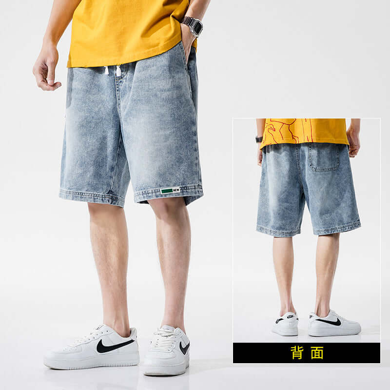 Denim shorts men's 2021 new trend summer thin straight loose large size wide legs five pants