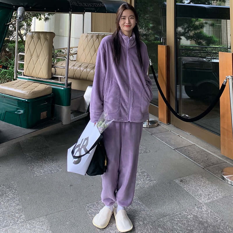 Nan Tao coral fleece suit can be worn outside couple cardigan sweater autumn and winter Korean pajamas two-piece home service women