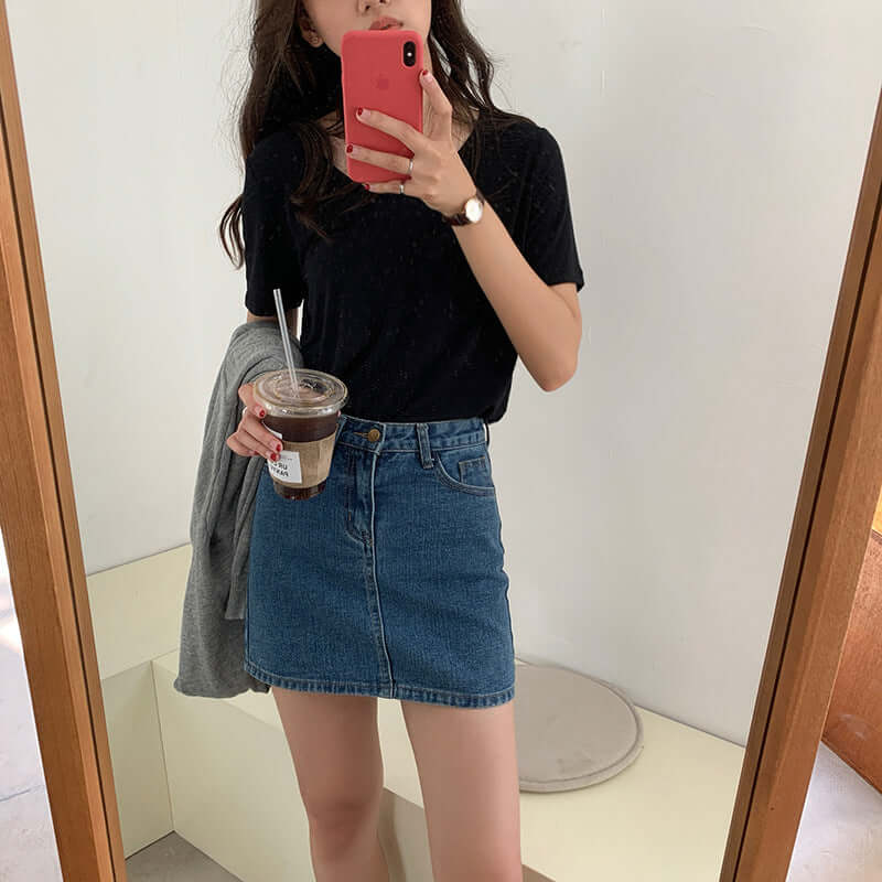 Huang Wei base simple denim half-length skirt female 2021 summer Korean version of the small child high waist A font bag hip skirt Q7210