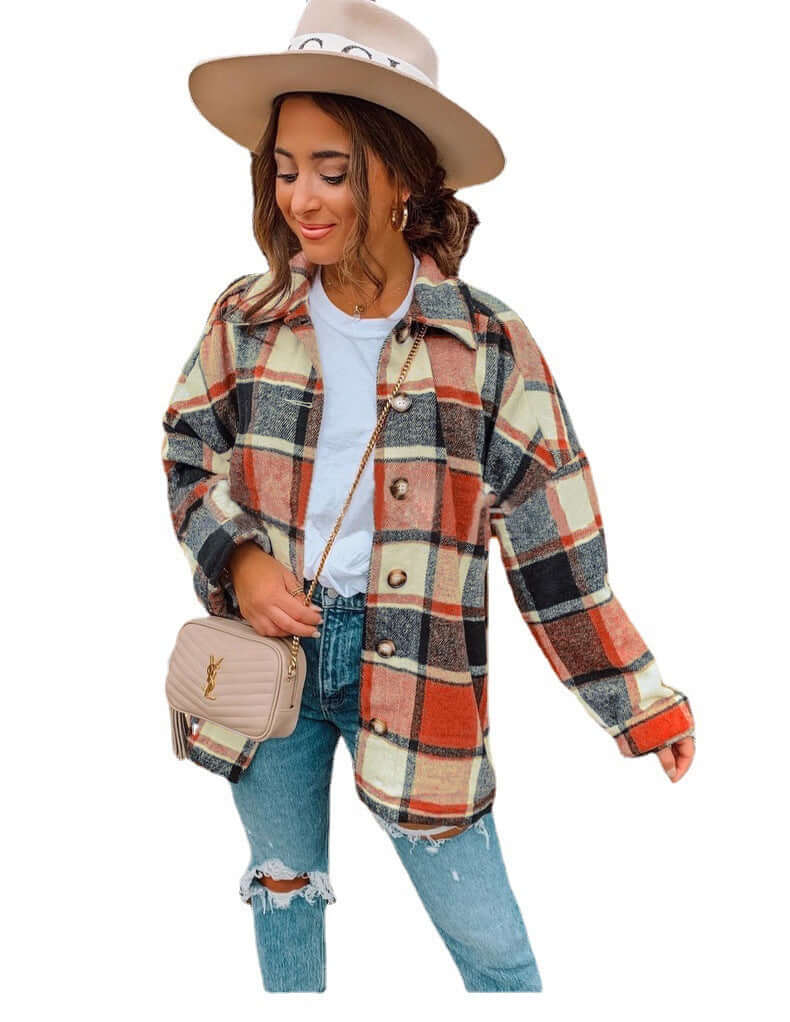 women's clothing INS net red Amazon autumn and winter long-sleeved plaid shirt mid-length woolen coat