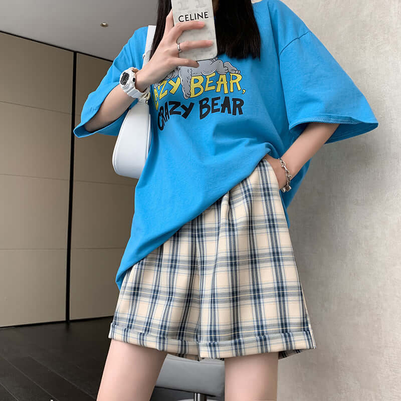Blue plaid shorts female summer 2021 thin section loose straight pants 5 points high waist casual hairs five pants