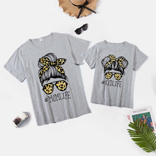 Mother and Daughter Wear Mom and Daughter European and American Summer Leisure Trend New Leopard Print Letter Printing Foreign Trade Popular Short Sleeves