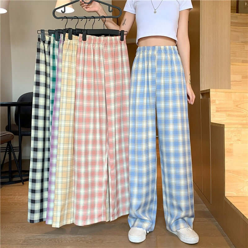 Plaid wide-leg pants women's live broadcast loose drape and thin summer thin straight-leg pants casual high-waist plaid trousers Hong Kong style pants