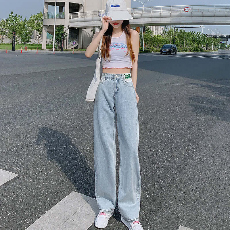 High waist jeans female vertical loose high waist thin wild straight tube 2021 early autumn new mop trousers