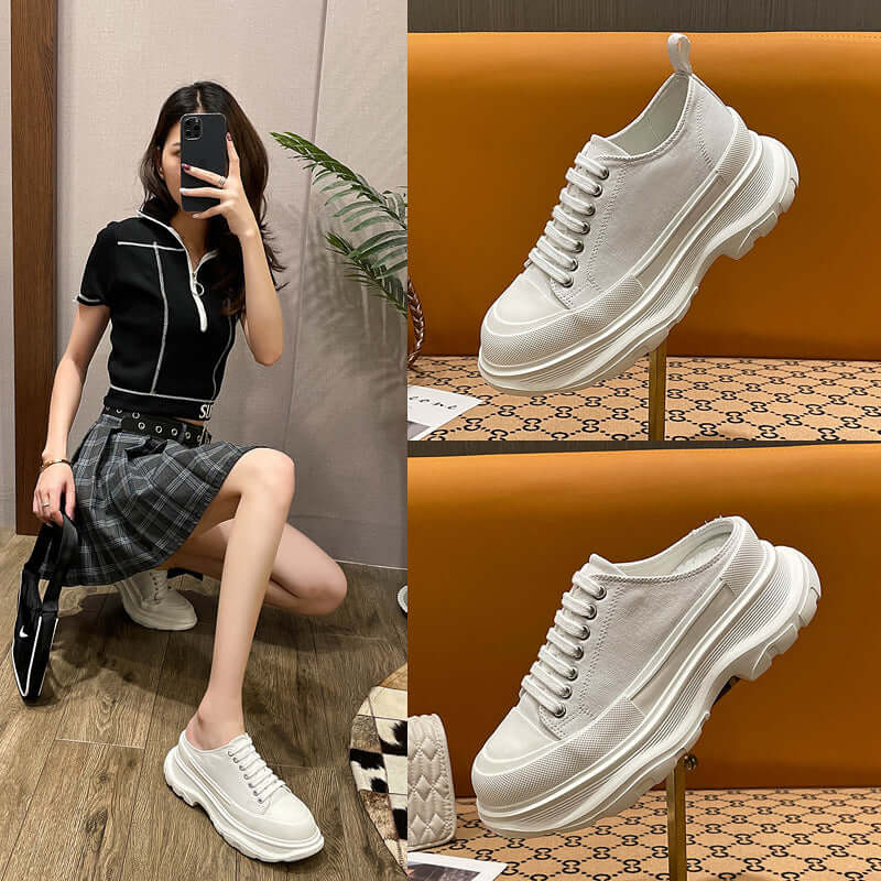 2021 new McQue, the same paragraph summer white shoes thick, half-sliver, red canvas shoes, female sports, old shoes