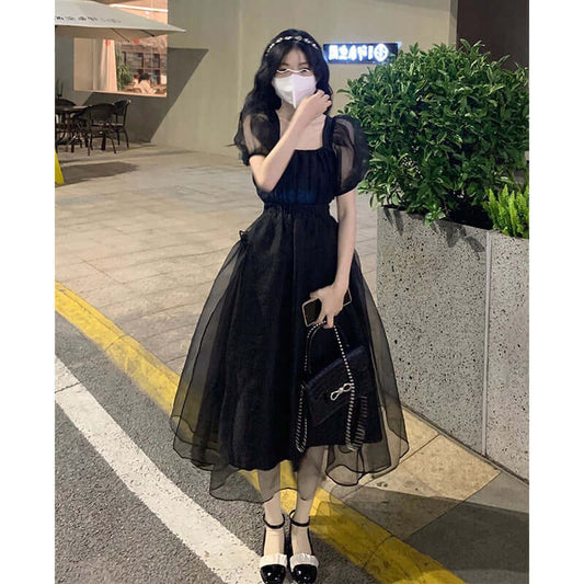 French Square Neck Mesh Puff Sleeves Backless Black Dress Summer Sweet and Age-Reducing Waist Puffy Princess Dress