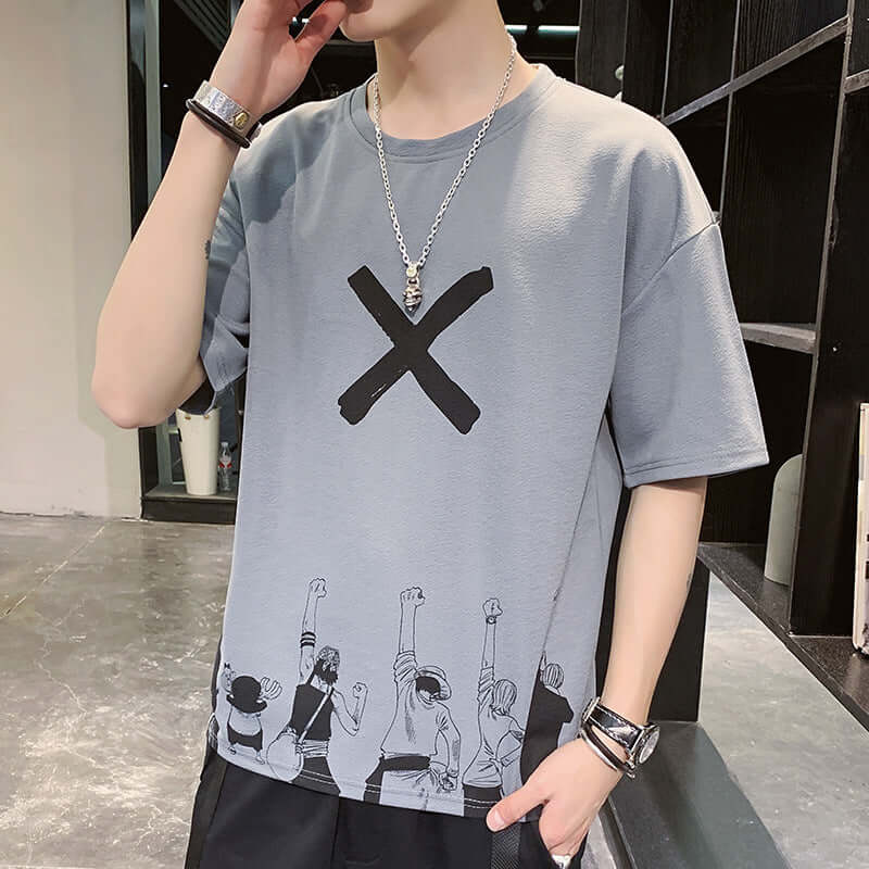 Short Sleeve Male T-Shirt 2021 Summer New Loose Tide Distance Simple Embroidery Men's Shirt Geometric Men's T-Shirt Hemles