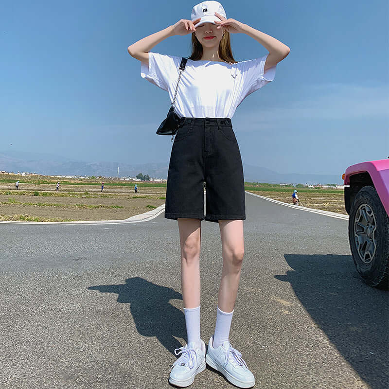 High waist cowboy shorts female summer 2021 new loose thin five pants straight black jeans wholesale