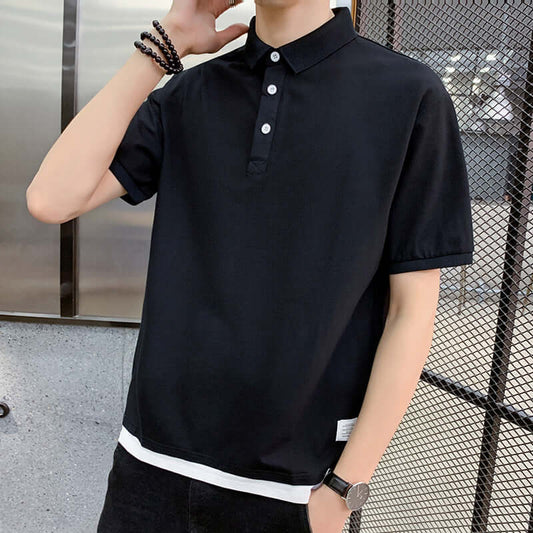 2021polo shirt short sleeve summer new solid color casual loose splicing fake two-piece tide card laperse youth clothes