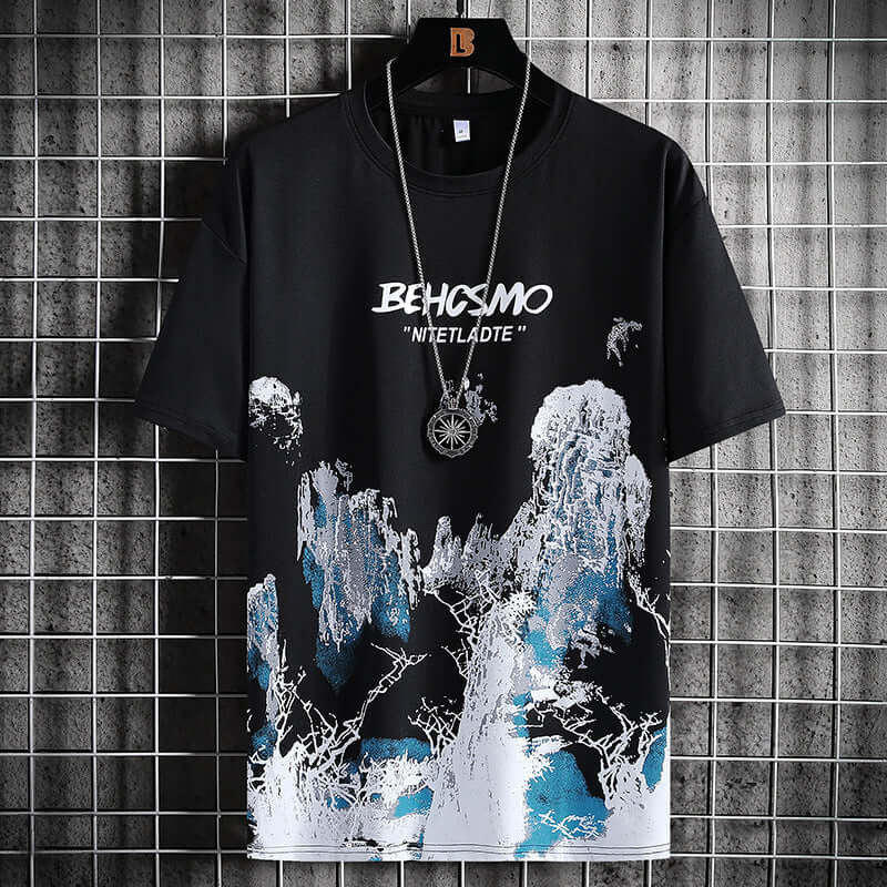 Summer men's ice silk short sleeve T-shirt bottoming shirt loose trend half sleeve clothes print round leader shirt men's clothing