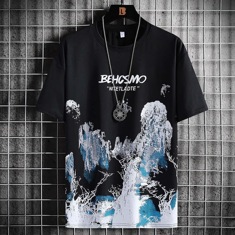 Ice silk short sleeve T-shirt men's tidal card 2021 new summer print loose half sleeve compassion shirt on clothes