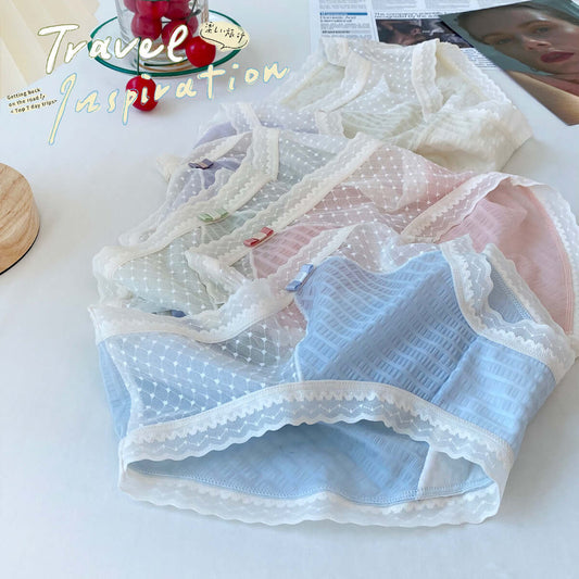 Japanese young ladies underwear mesh candy color sweet lattice lace student total cotton high bomb medium large size