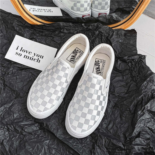 Luminous chessboard white plaid one pedal canvas shoes all-match loafers college chic male and female students cloth shoes tide