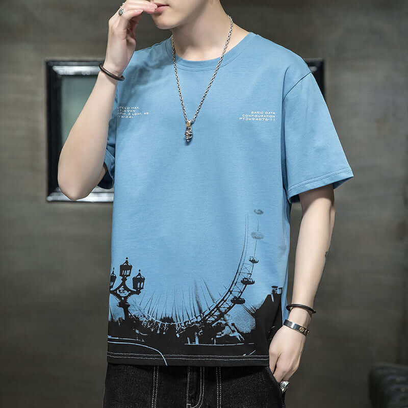 Short Sleeve Male T-Shirt 2021 Summer New Loose Tide Distance Simple Embroidery Men's Shirt Geometric Men's T-Shirt Hemles