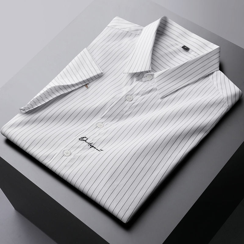 Louis silk cotton high-end striped short sleeve shirt men's summer tide embroidery shirt ice silk