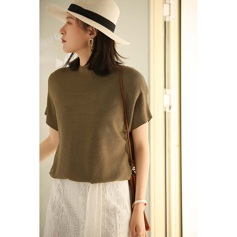 Xiuye simple ice silk knit shirt female short sleeve 2021 summer new Korean version of the loose round collar bat sleeve shirt