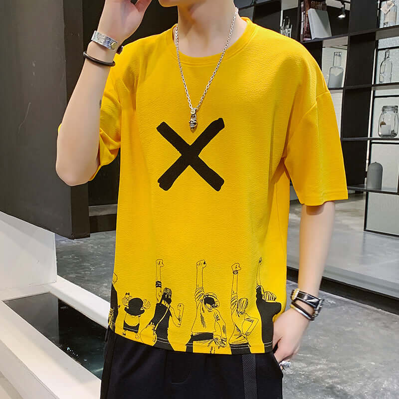 Short Sleeve Male T-Shirt 2021 Summer New Loose Tide Distance Simple Embroidery Men's Shirt Geometric Men's T-Shirt Hemles