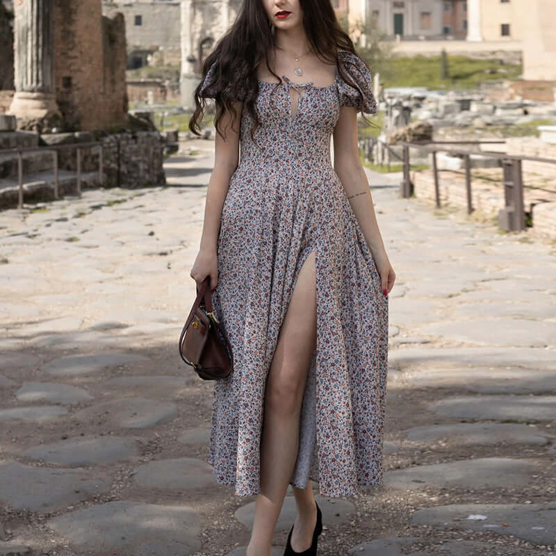 Summer Amazon's new long skirt print French small fresh floral open back slim suspender slit dress female