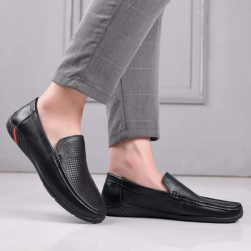 New simple men's casual colloid shoes men's foot hollow black driving shoes leather peas shoes men cross-borders