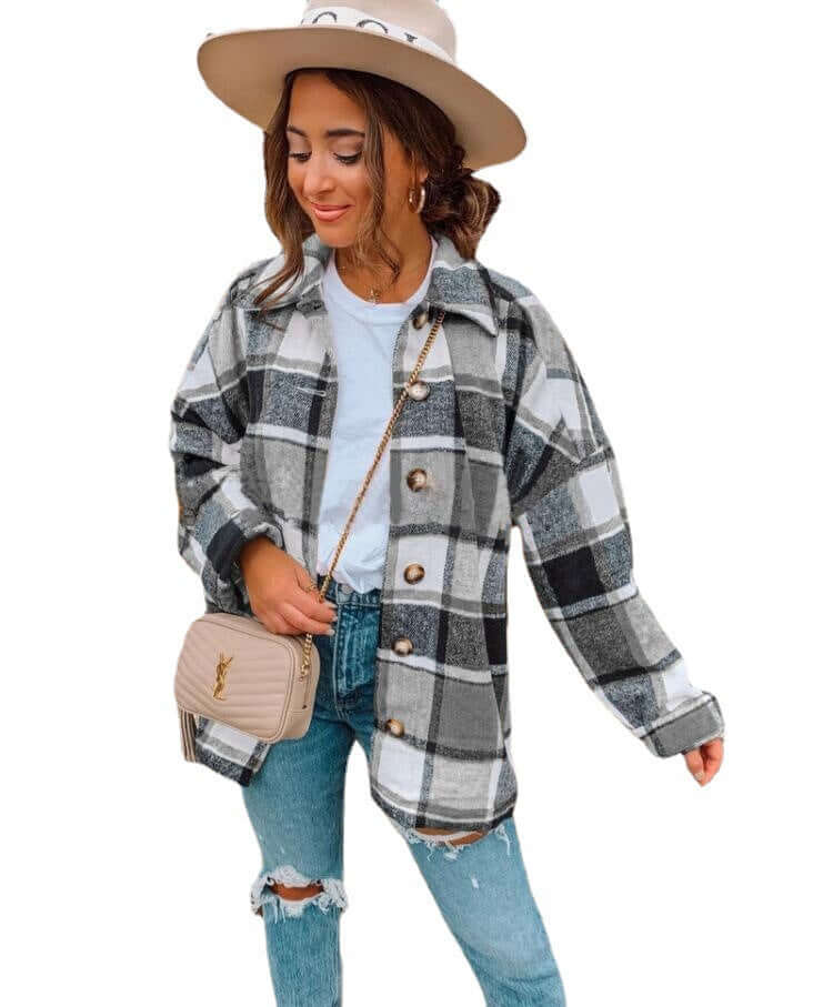 women's clothing INS net red Amazon autumn and winter long-sleeved plaid shirt mid-length woolen coat