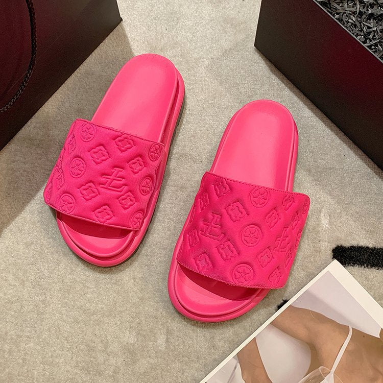 Presbyopia three-dimensional embossed slippers women's summer 2022 new summer Velcro thick bottom printing lazy word sandals and slippers
