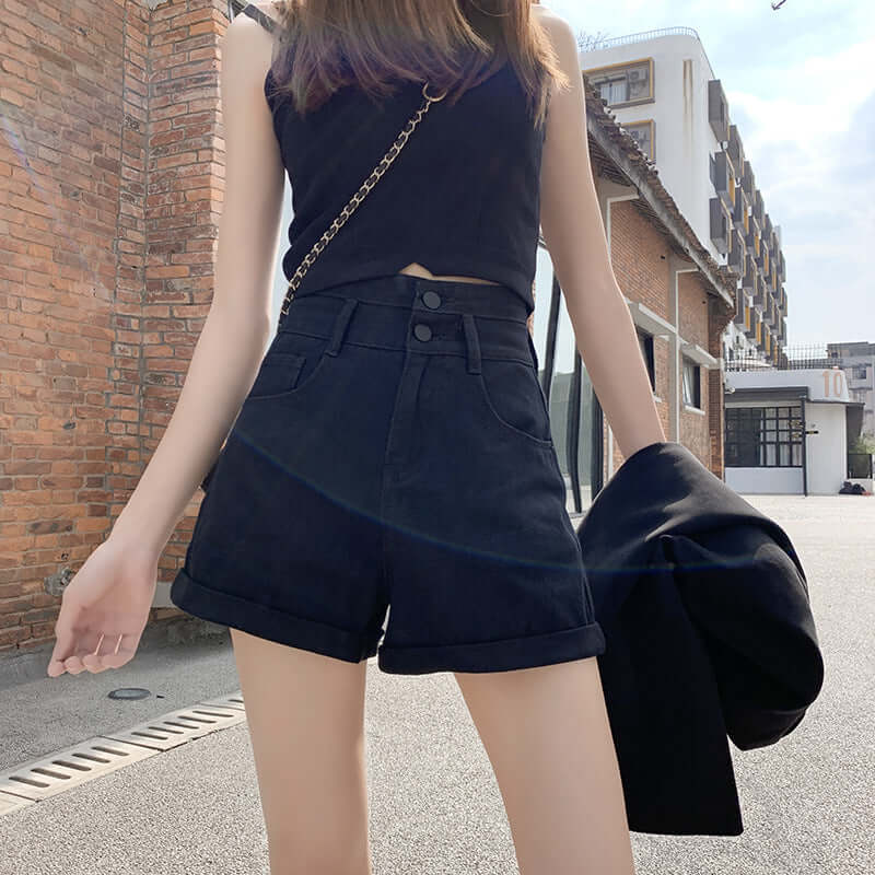 Black denim shorts female super high waist is thin 2021 summer new A word loose ultra short pants