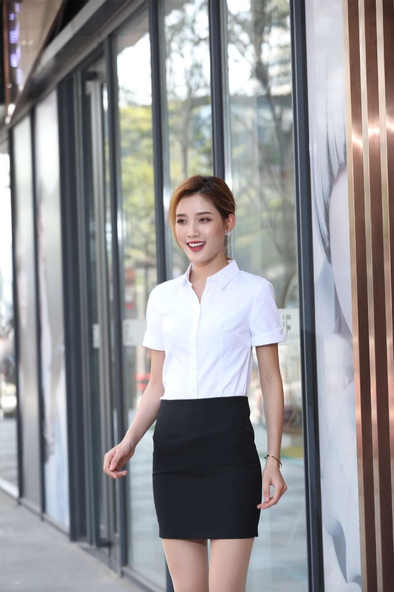 Fine twill short sleeve summer occupation slim woman shirt V collar ol temperament women's white blue student dress