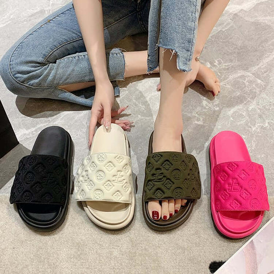 Presbyopia three-dimensional embossed slippers women's summer 2022 new summer Velcro thick bottom printing lazy word sandals and slippers