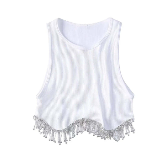 2022 summer new diamond-encrusted fringed round neck vest women's round neck slim and slim short sleeveless top