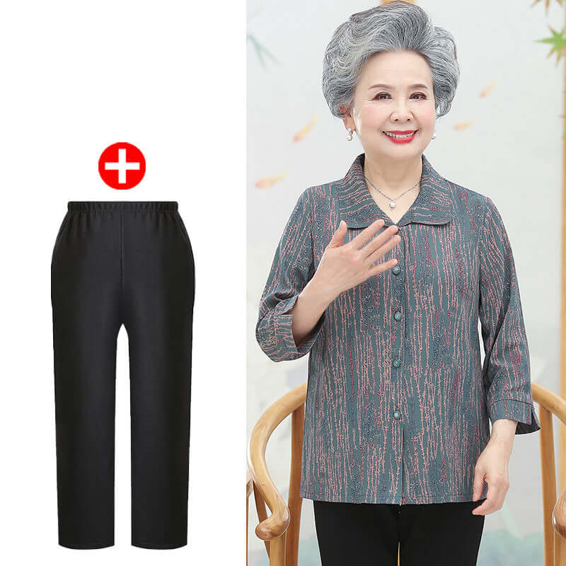 Grandma spring summer shirt 60 years old 70 elderly mother lapeting shirt set nine-point sleeves old wife two-piece set