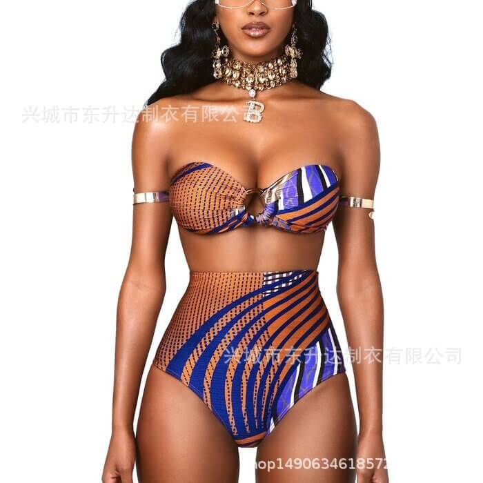 Dongshengda Clothing 2022 European and American Sexy Sexy Split High Waist Tube Top Bikini Swimsuit Female Totem National Style