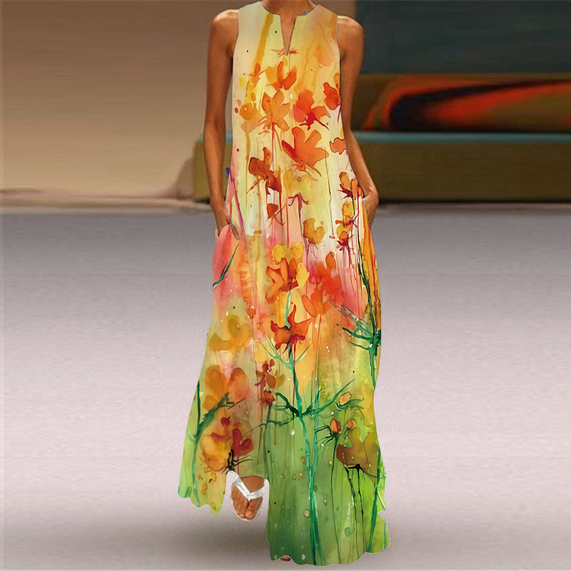 2021 new summer women's sleeveless long skirt V-colored flower dress European and American cross-border foreign trade women's clothing