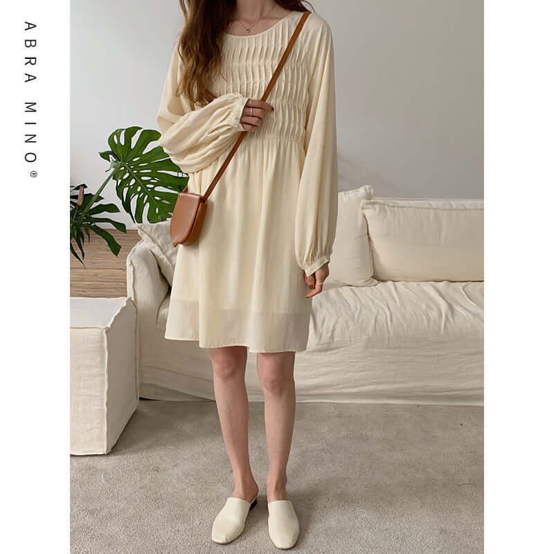 ABRA MINO Fashion Dress | New Pleated Round Neck Long-Sleeved