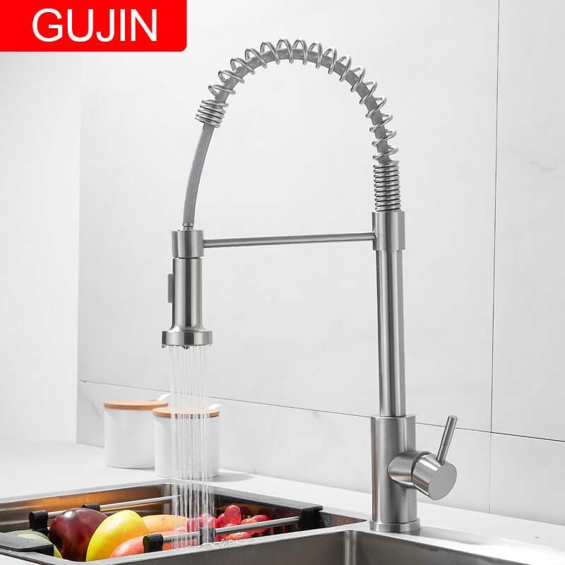 Kitchen cold hot tap 304 stainless steel pull spring water tank dishwashing pool rotating hot water faucet