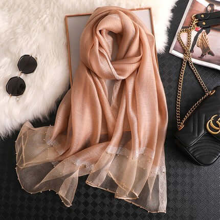 Silk towel summer Korean nails bead gold border gold silver silk long towel beach sunscreen yarn air conditioning shawl thin model scarf female