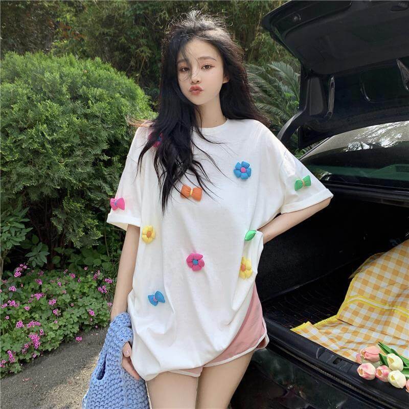 New trendy women's t-shirt casual w/ flowers loose short-sleeved