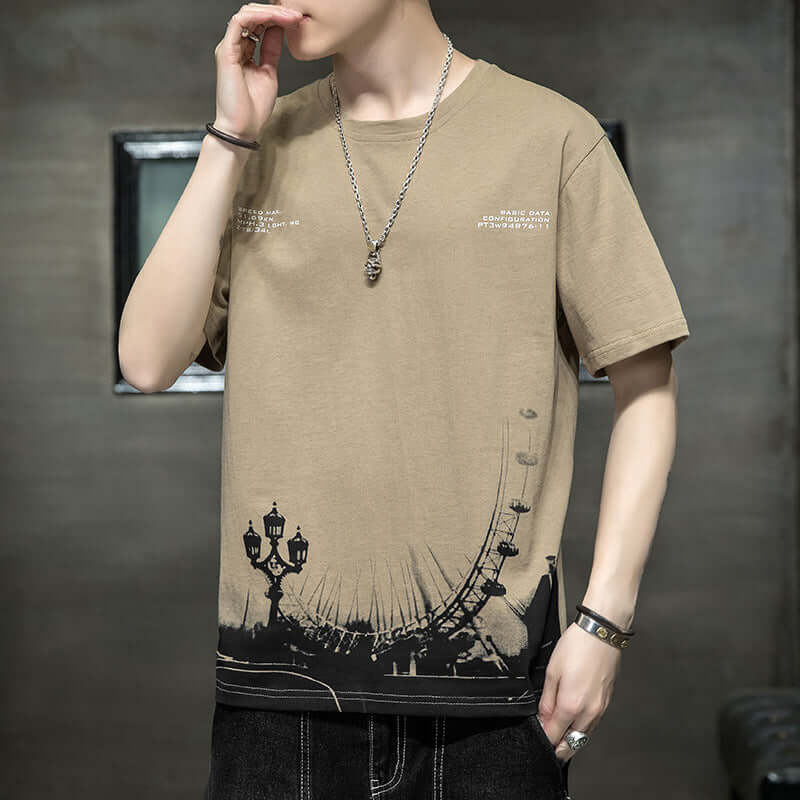 Short Sleeve Male T-Shirt 2021 Summer New Loose Tide Distance Simple Embroidery Men's Shirt Geometric Men's T-Shirt Hemles