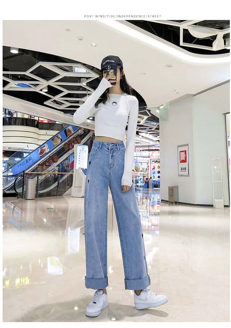 Love embroidery straight jeans female 2021 spring high waist slim easings wide-leg summer dress new jeans