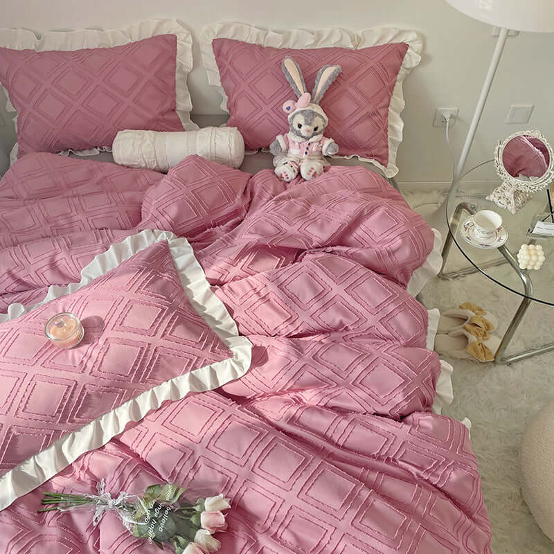 New high-end solid color brushed spring and summer three-dimensional cut flower princess bed sheet bed skirt four-piece set is soft, delicate and silky