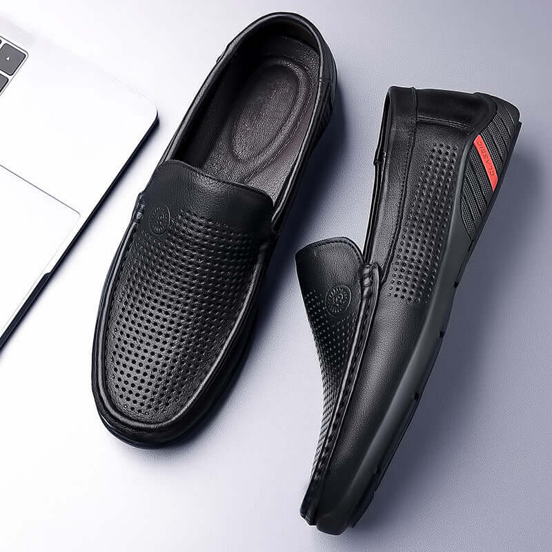 New simple men's casual colloid shoes men's foot hollow black driving shoes leather peas shoes men cross-borders