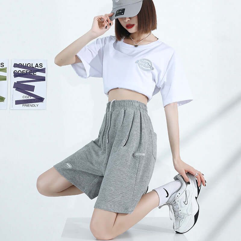 Sports shorts female summer 2021 new loose casual high waist wide-leg gray five pants sweat tide INS pants