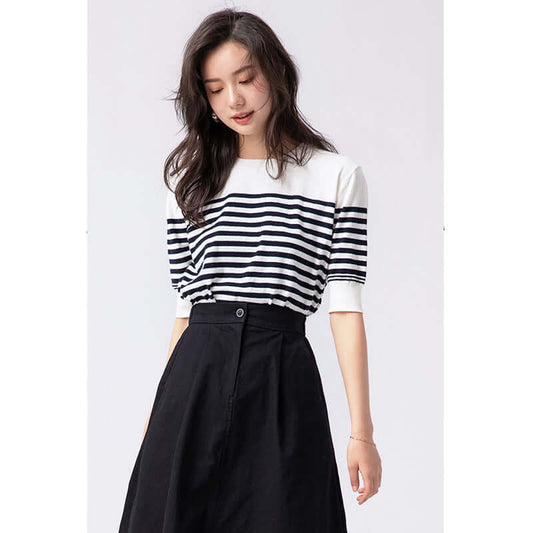 Xiuye Retro Striped Upper Women's Summer New 2021 Continuous Color Loose Circular Reception Short Sleeve T-Shirt