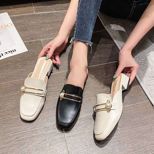 Japanese slippers female 2021 new bag head sandals female pearl lazy flat shoes outside wear thick with half slippers