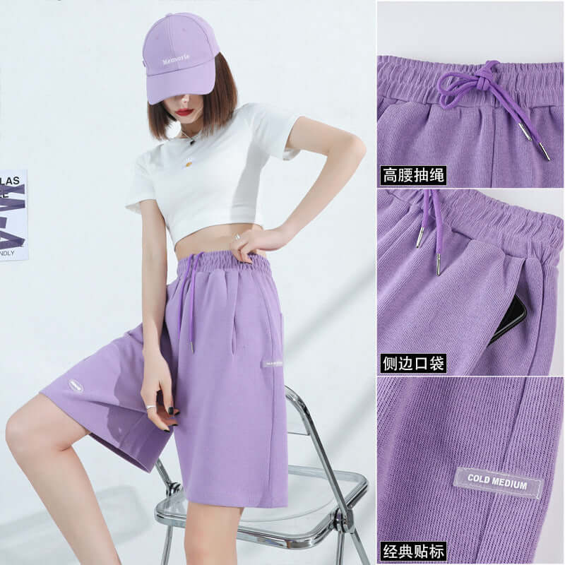 Sports shorts female summer 2021 new loose casual high waist wide-leg gray five pants sweat tide INS pants