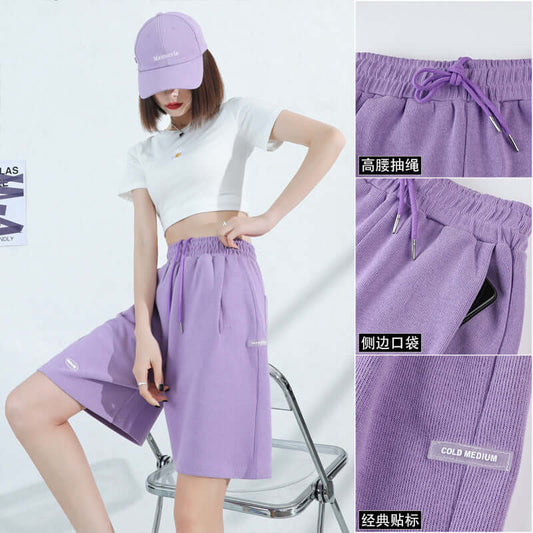 Sports shorts female summer 2021 new loose casual high waist wide-leg gray five pants sweat tide INS pants