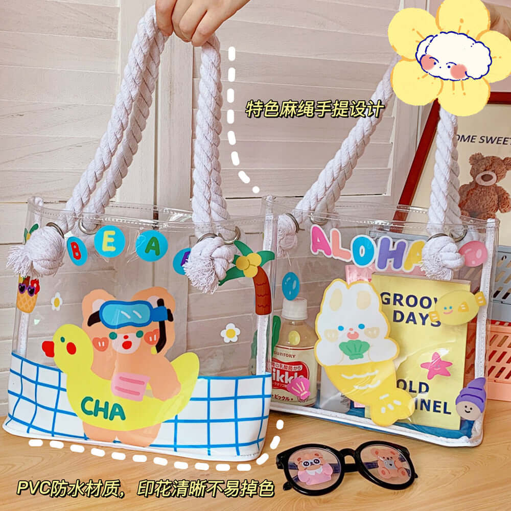 Summer girl heart transparent handbag cute bear shoulder bag large capacity cartoon travel shopping beach bag tide