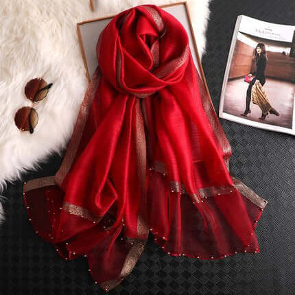 Silk towel summer Korean nails bead gold border gold silver silk long towel beach sunscreen yarn air conditioning shawl thin model scarf female