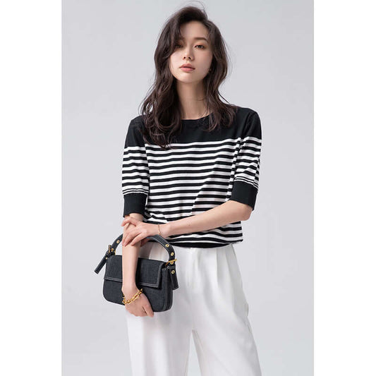 Xiuye Retro Striped Upper Women's Summer New 2021 Continuous Color Loose Circular Reception Short Sleeve T-Shirt